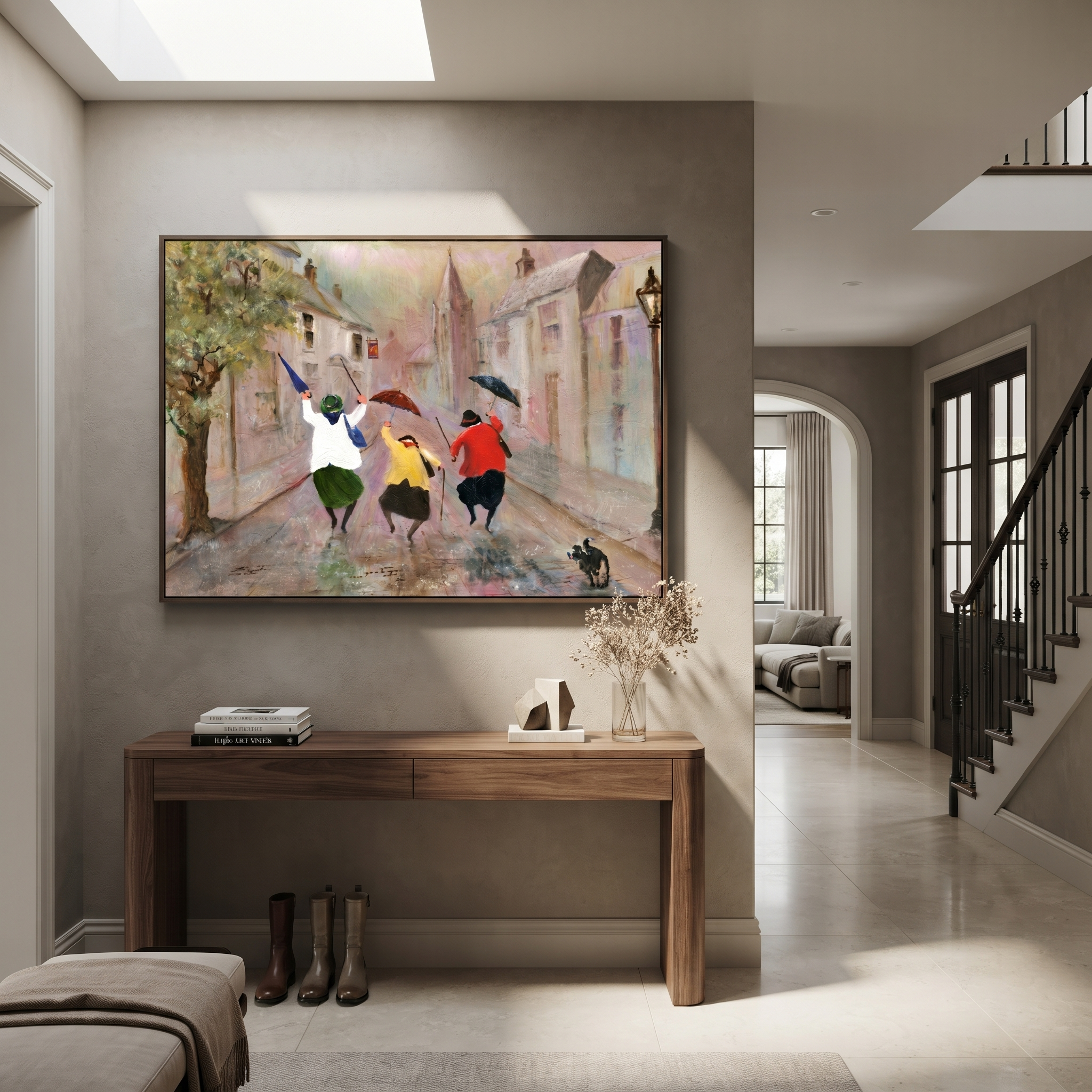 Umbrellas Break the Rain - joyful rainy street trio painting by Hannah Brooks, minimalist figurative horizontal wall art – styled room scene view 4