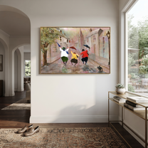 Umbrellas Break the Rain - joyful rainy street trio painting by Hannah Brooks, minimalist figurative horizontal wall art – styled room scene view 5