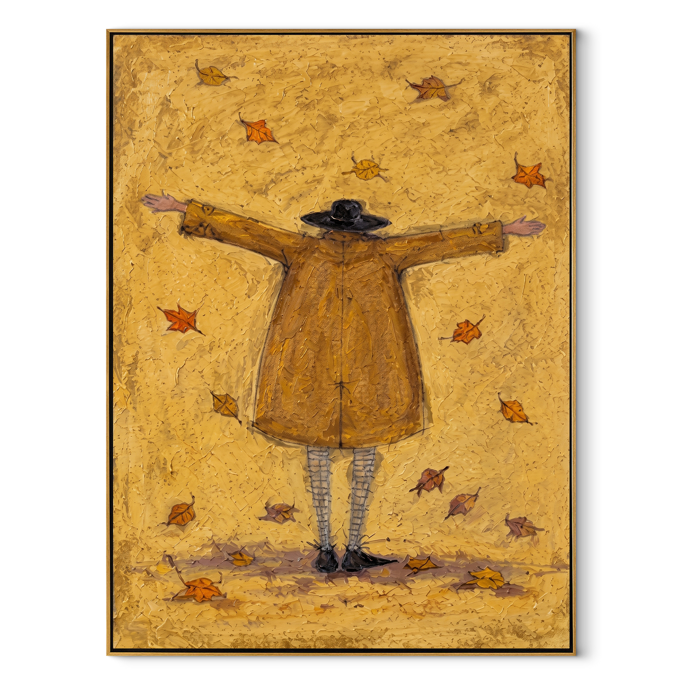 Autumn Air Opens Her Arms - golden raincoat figure painting by Hannah Brooks, minimalist figurative vertical wall art – wood frame on white background