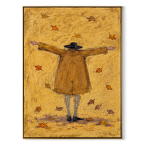 Autumn Air Opens Her Arms - golden raincoat figure painting by Hannah Brooks, minimalist figurative vertical wall art – wood frame on white background