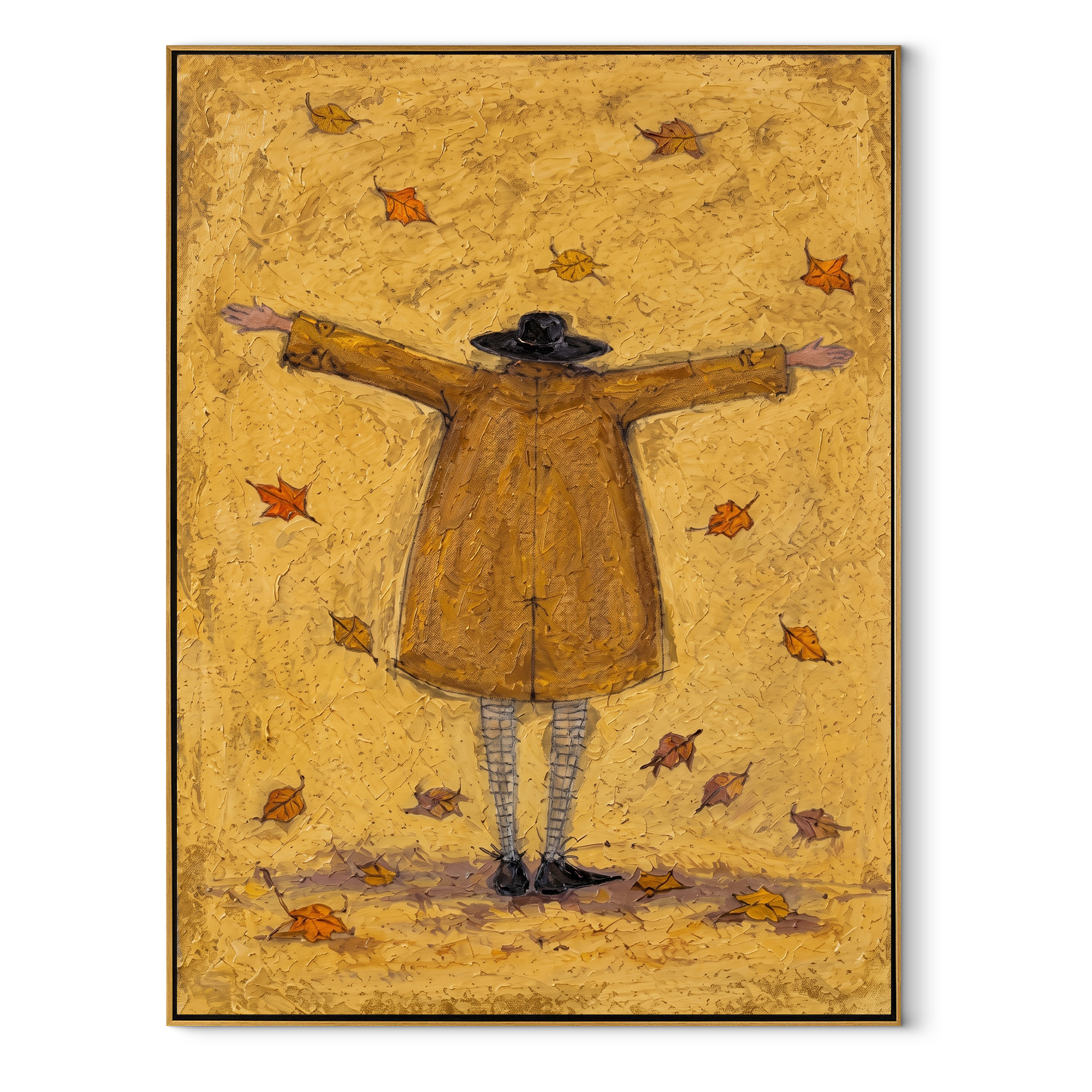 Autumn Air Opens Her Arms - golden raincoat figure painting by Hannah Brooks, minimalist figurative vertical wall art – wood frame on white background