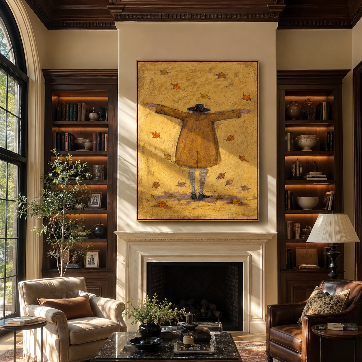 Autumn Air Opens Her Arms - golden raincoat figure painting by Hannah Brooks, minimalist figurative vertical wall art – styled room scene view 3