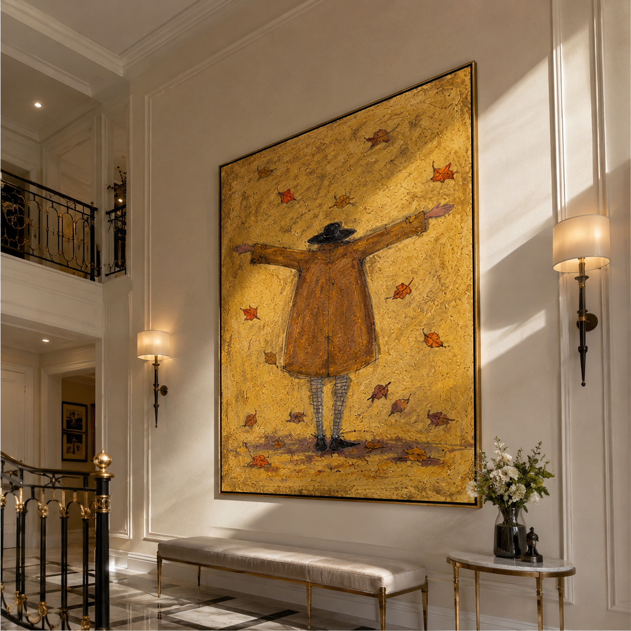Autumn Air Opens Her Arms - golden raincoat figure painting by Hannah Brooks, minimalist figurative vertical wall art – styled room scene view 4