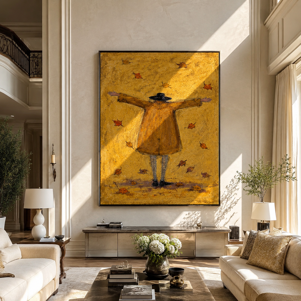 Autumn Air Opens Her Arms - golden raincoat figure painting by Hannah Brooks, minimalist figurative vertical wall art – styled room scene view 5