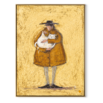 Golden Coat Holds a White Cat - oversized cat portrait painting by Hannah Brooks, minimalist figurative vertical wall art – wood frame on white background