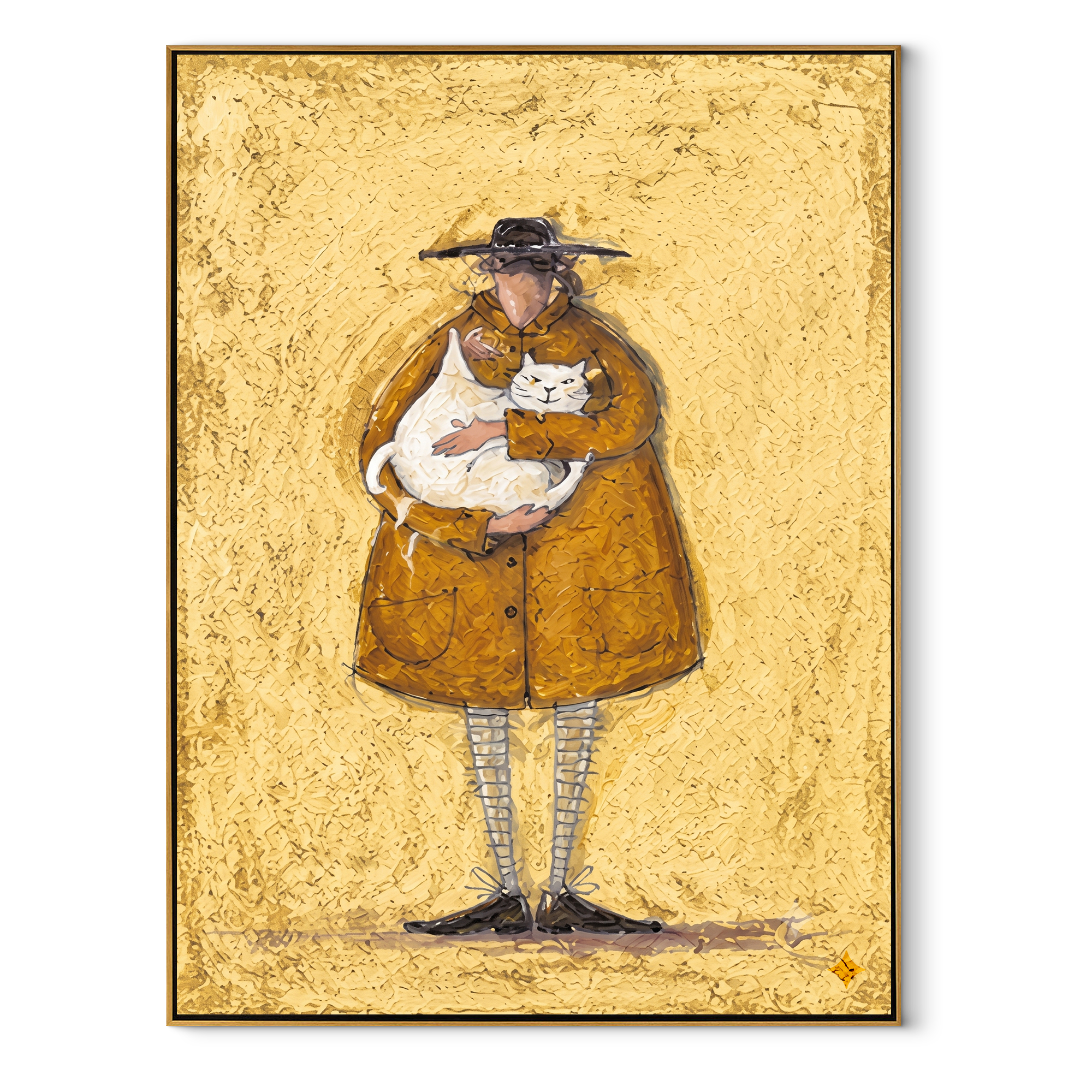 Golden Coat Holds a White Cat - oversized cat portrait painting by Hannah Brooks, minimalist figurative vertical wall art – wood frame on white background