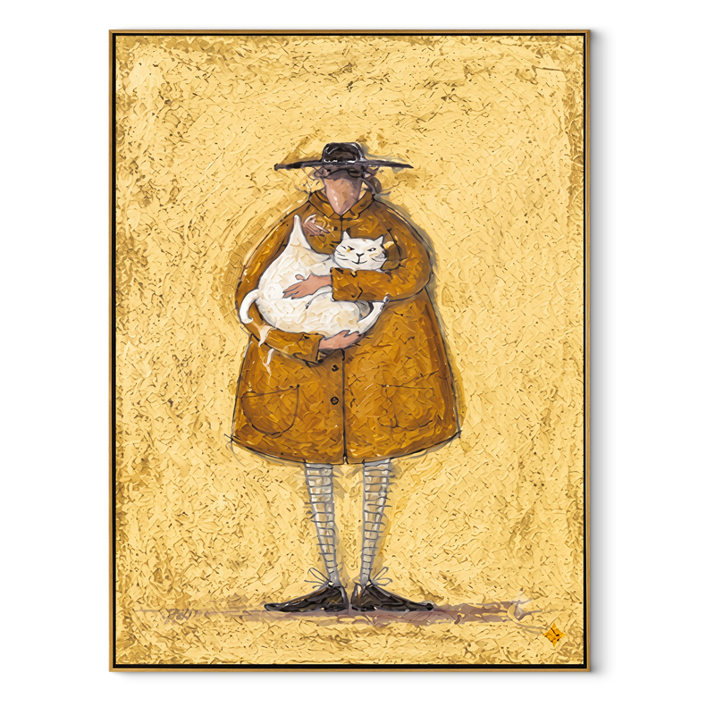 Golden Coat Holds Cat - Oversized Cat Portrait Painting | Minimalist Figurative Vertical Wall Art
