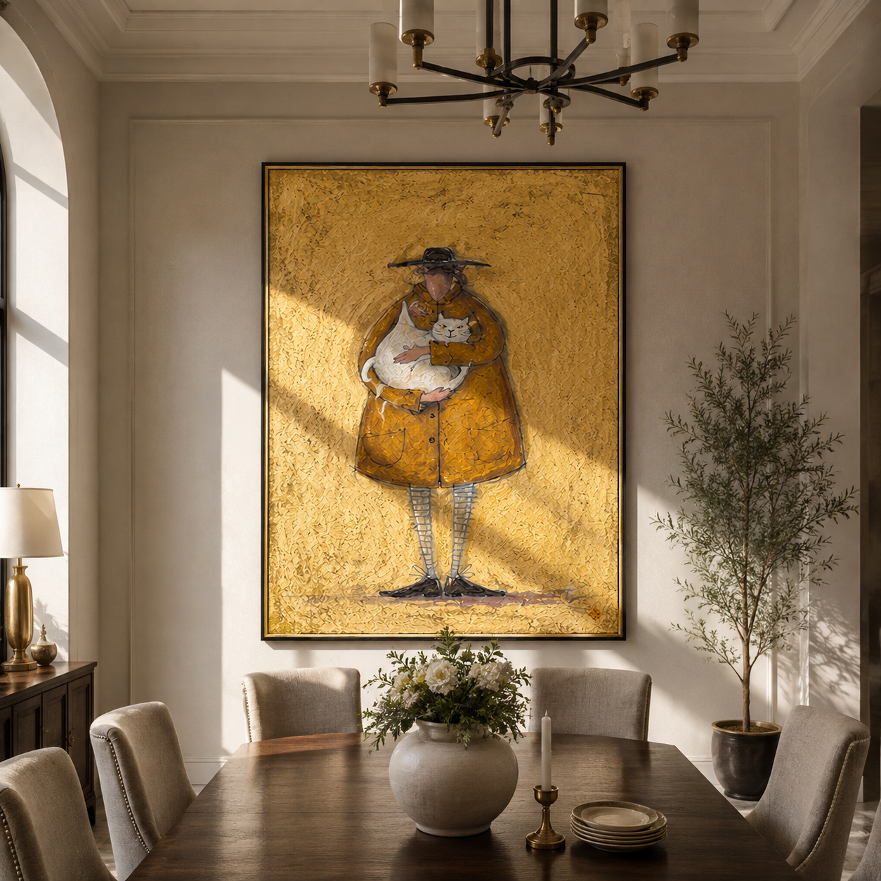 Golden Coat Holds a White Cat - oversized cat portrait painting by Hannah Brooks, minimalist figurative vertical wall art – styled room scene view 3