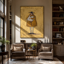 Golden Coat Holds a White Cat - oversized cat portrait painting by Hannah Brooks, minimalist figurative vertical wall art – styled room scene view 4