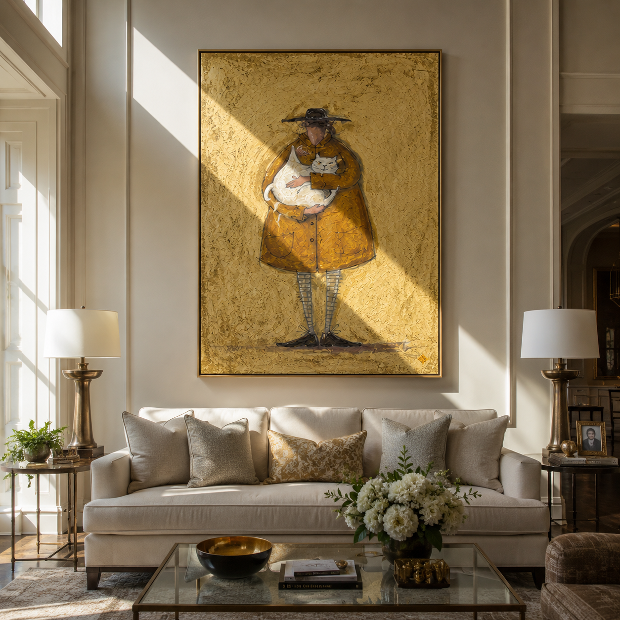 Golden Coat Holds a White Cat - oversized cat portrait painting by Hannah Brooks, minimalist figurative vertical wall art – styled room scene view 5