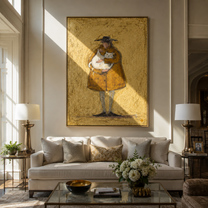 Golden Coat Holds a White Cat - oversized cat portrait painting by Hannah Brooks, minimalist figurative vertical wall art – styled room scene view 5