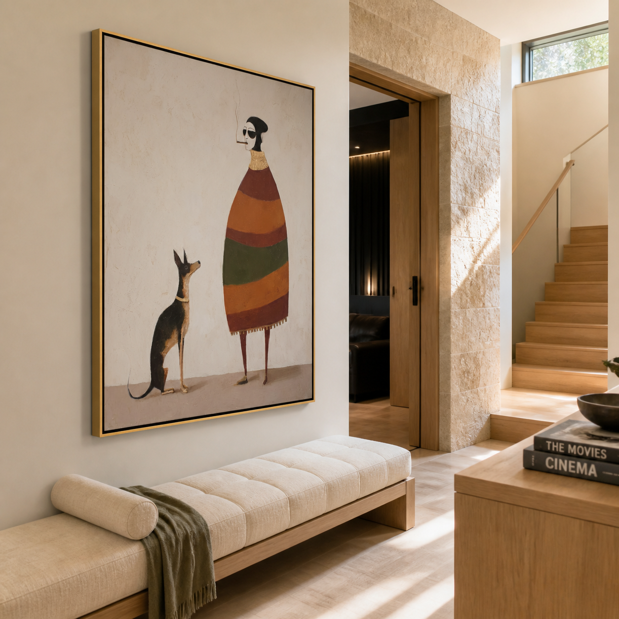 Striped Warmth Waits beside the Dog - smoking figure and dog painting by Hannah Brooks, minimalist figurative vertical wall art – styled room scene view 1