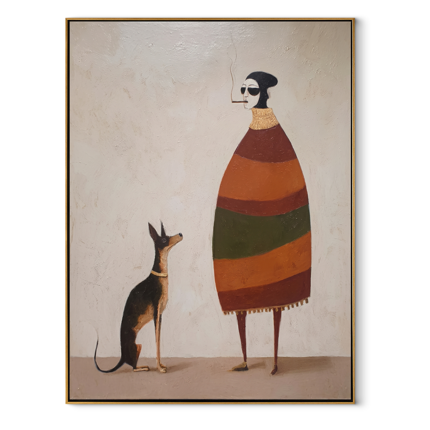 Striped Warmth Waits beside the Dog - smoking figure and dog painting by Hannah Brooks, minimalist figurative vertical wall art – wood frame on white background