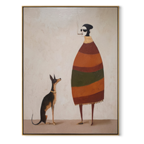 Striped Warmth Waits beside the Dog - smoking figure and dog painting by Hannah Brooks, minimalist figurative vertical wall art – wood frame on white background