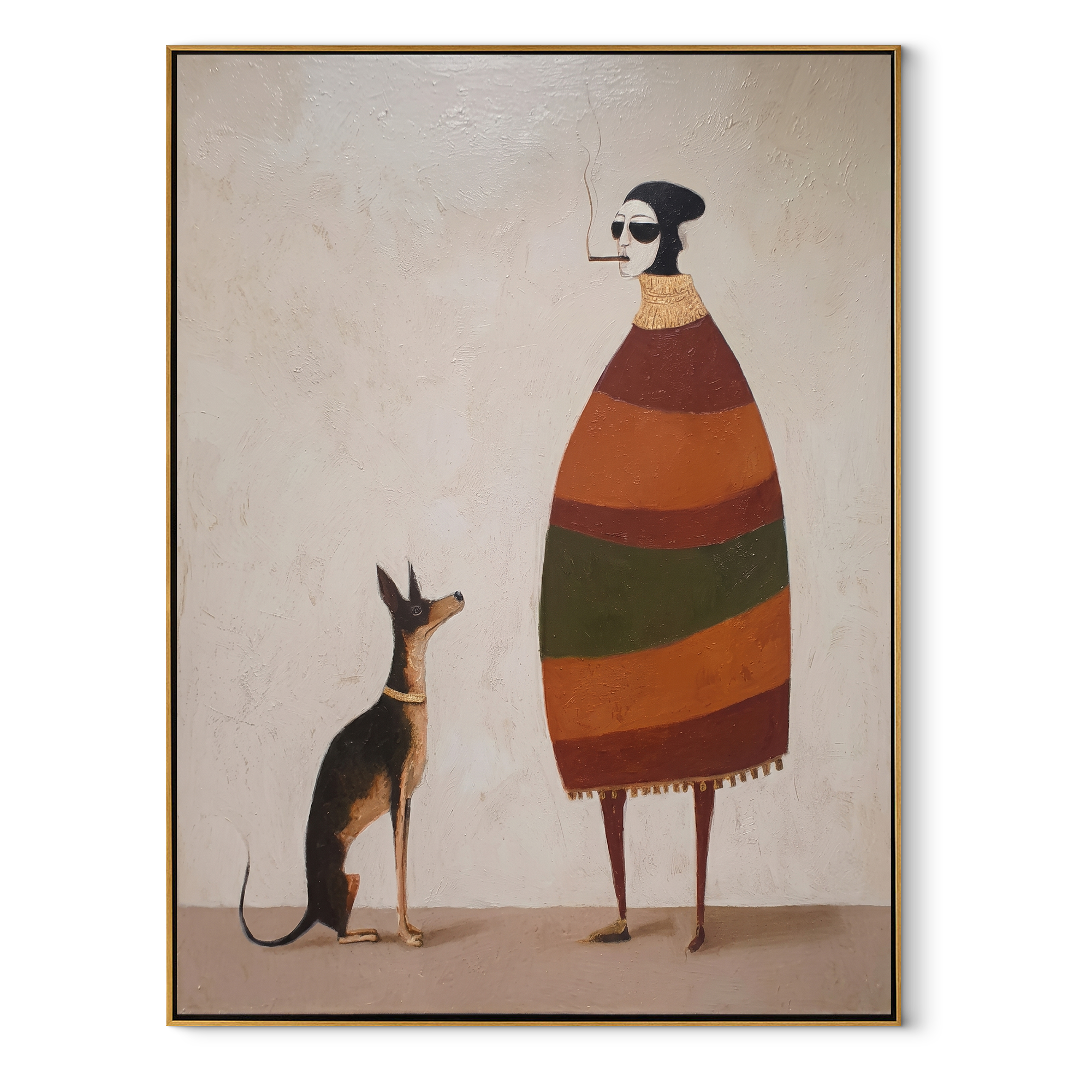 Striped Warmth Waits beside the Dog - smoking figure and dog painting by Hannah Brooks, minimalist figurative vertical wall art – wood frame on white background
