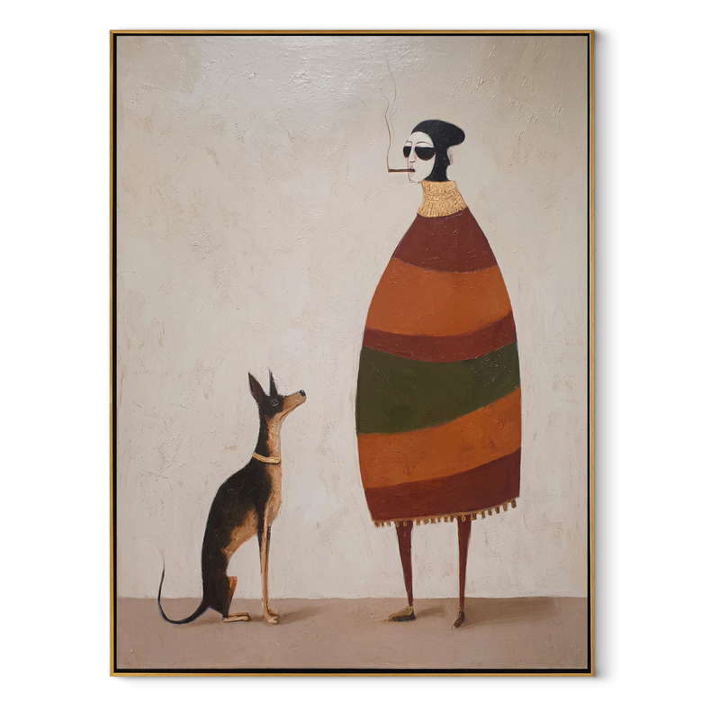 Striped Warmth beside Dog - Smoking Figure and Dog Painting | Minimalist Figurative Vertical Wall Art