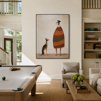 Striped Warmth Waits beside the Dog - smoking figure and dog painting by Hannah Brooks, minimalist figurative vertical wall art – styled room scene view 2