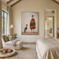 Striped Warmth Waits beside the Dog - smoking figure and dog painting by Hannah Brooks, minimalist figurative vertical wall art – styled room scene view 4