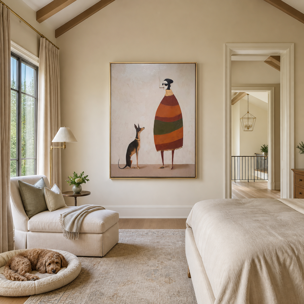 Striped Warmth Waits beside the Dog - smoking figure and dog painting by Hannah Brooks, minimalist figurative vertical wall art – styled room scene view 4