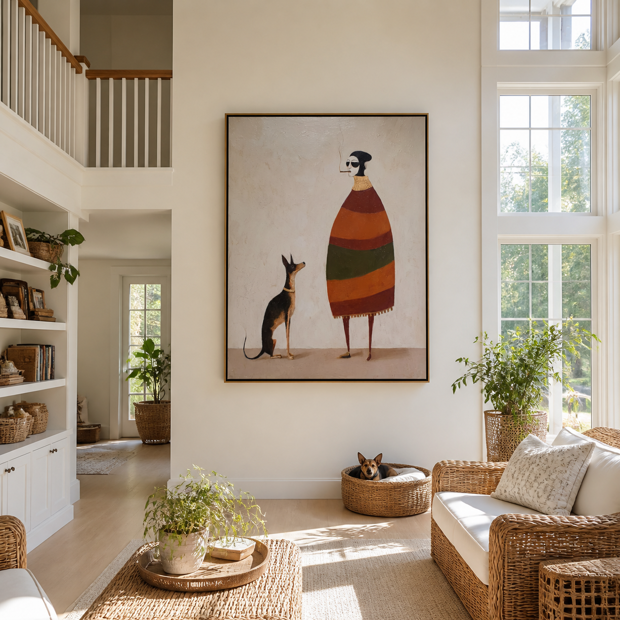 Striped Warmth Waits beside the Dog - smoking figure and dog painting by Hannah Brooks, minimalist figurative vertical wall art – styled room scene view 5