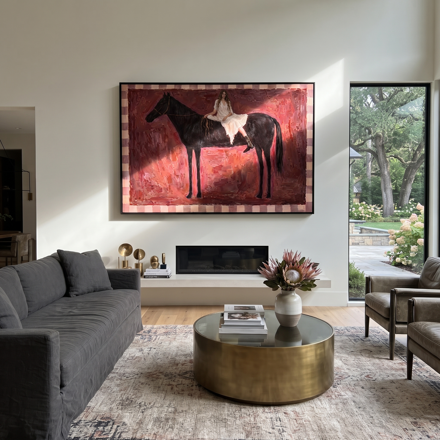 White Lace Rests on the Black Horse - woman and horse painting by Hannah Brooks, minimalist figurative horizontal wall art – styled room scene view 1