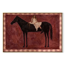 White Lace Rests on the Black Horse - woman and horse painting by Hannah Brooks, minimalist figurative horizontal wall art – wood frame on white background