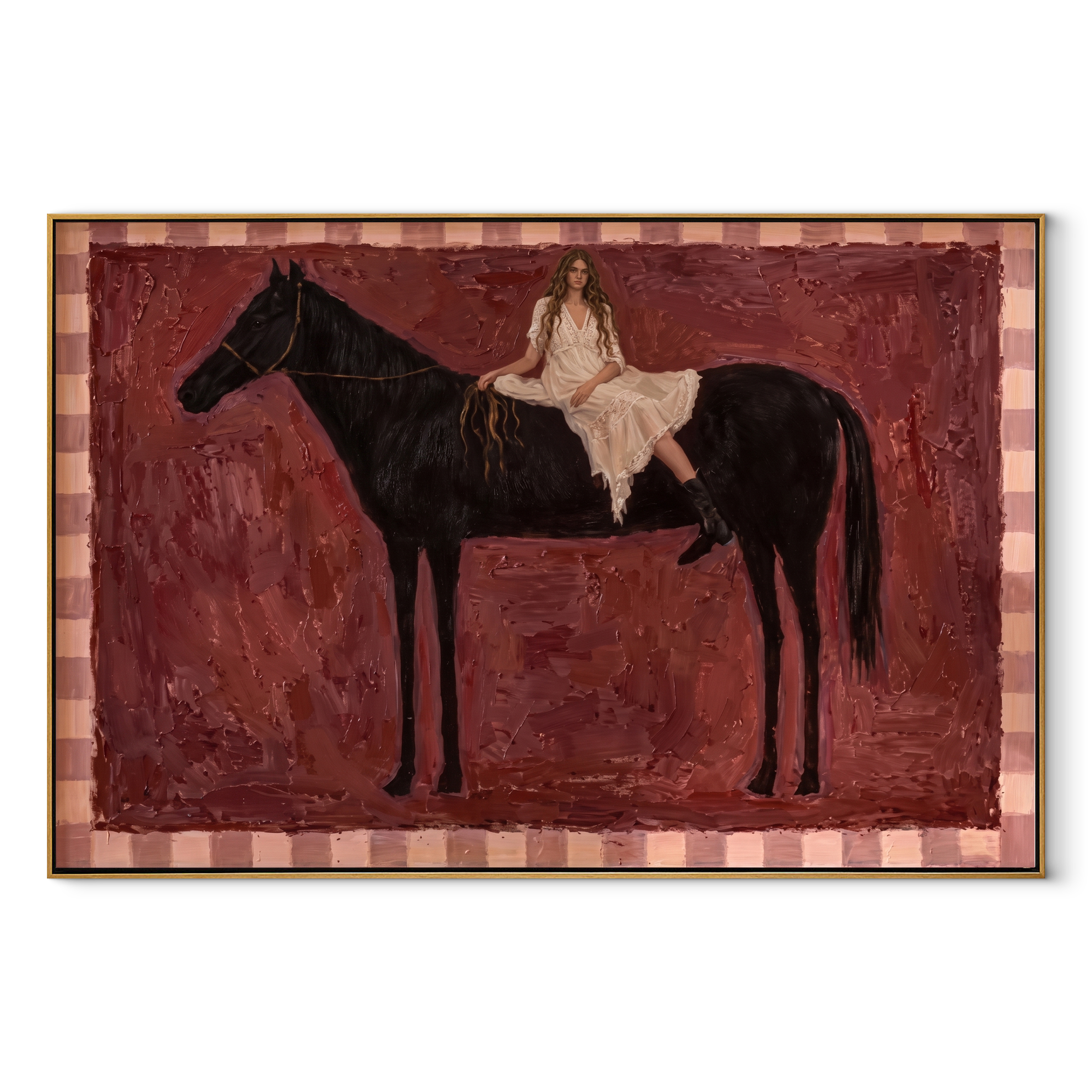 White Lace Rests on the Black Horse - woman and horse painting by Hannah Brooks, minimalist figurative horizontal wall art – wood frame on white background