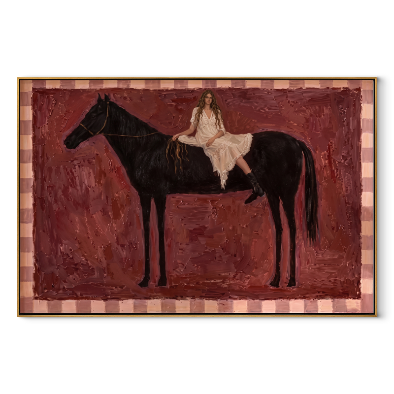 White Lace on Horse - Woman and Horse Painting | Minimalist Figurative Horizontal Wall Art