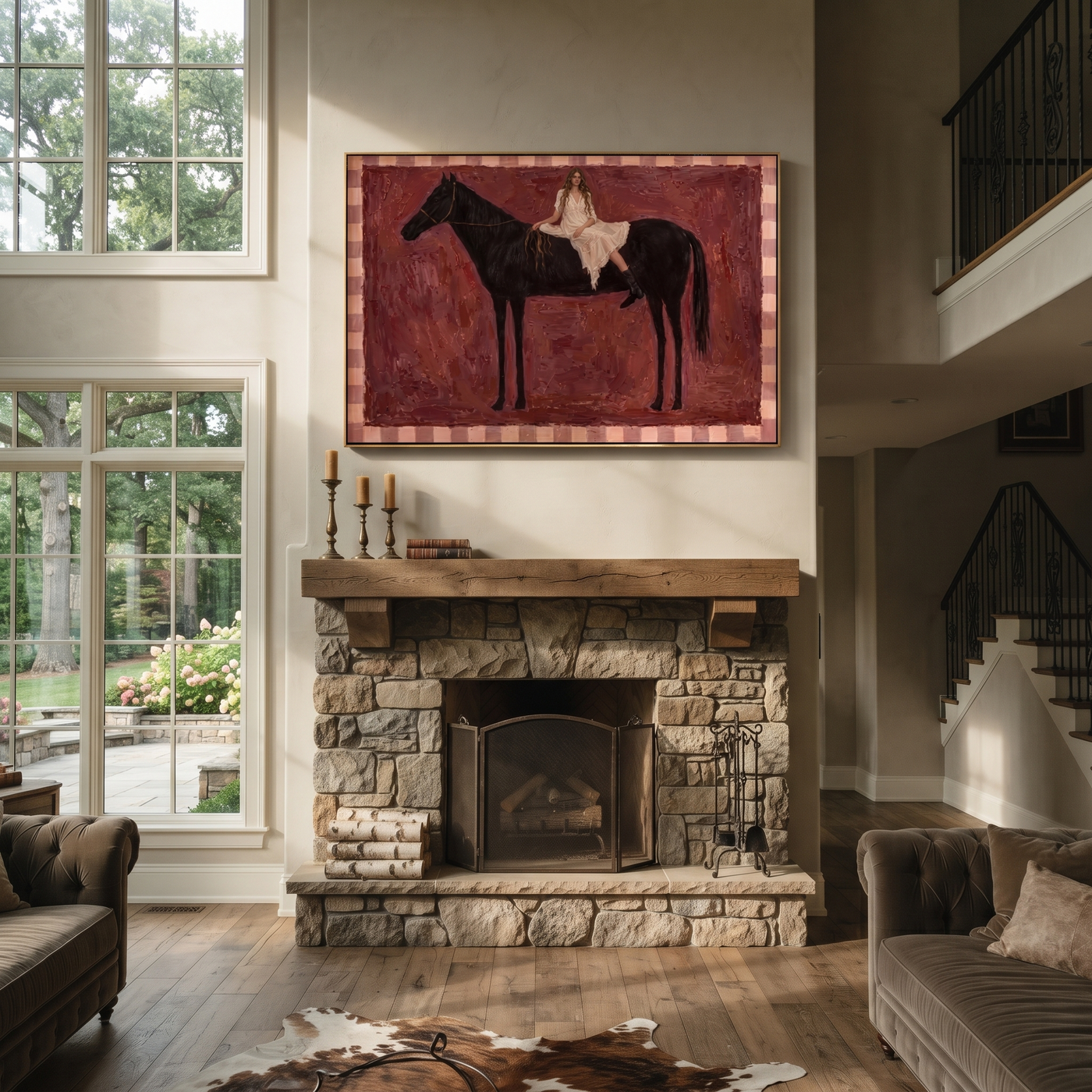 White Lace Rests on the Black Horse - woman and horse painting by Hannah Brooks, minimalist figurative horizontal wall art – styled room scene view 2