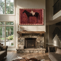 White Lace Rests on the Black Horse - woman and horse painting by Hannah Brooks, minimalist figurative horizontal wall art – styled room scene view 2