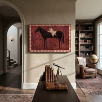 White Lace Rests on the Black Horse - woman and horse painting by Hannah Brooks, minimalist figurative horizontal wall art – styled room scene view 4