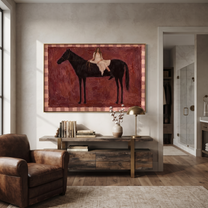 White Lace Rests on the Black Horse - woman and horse painting by Hannah Brooks, minimalist figurative horizontal wall art – styled room scene view 5