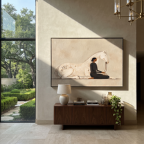 Ivory Horse Guards Stillness - woman and white horse painting by Hannah Brooks, minimalist figurative horizontal wall art – styled room scene view 1