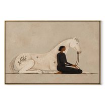 Ivory Horse Guards Stillness - woman and white horse painting by Hannah Brooks, minimalist figurative horizontal wall art – wood frame on white background