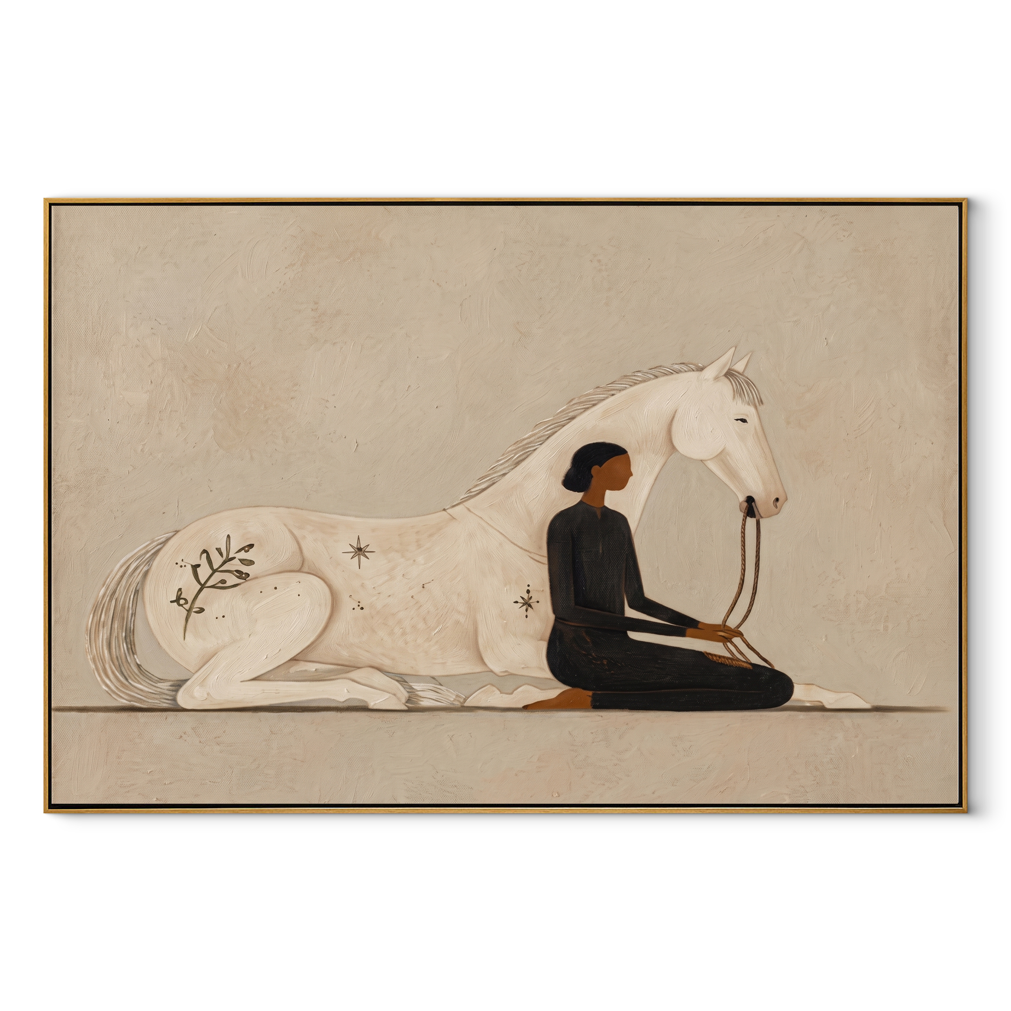 Ivory Horse Guards Stillness - woman and white horse painting by Hannah Brooks, minimalist figurative horizontal wall art – wood frame on white background