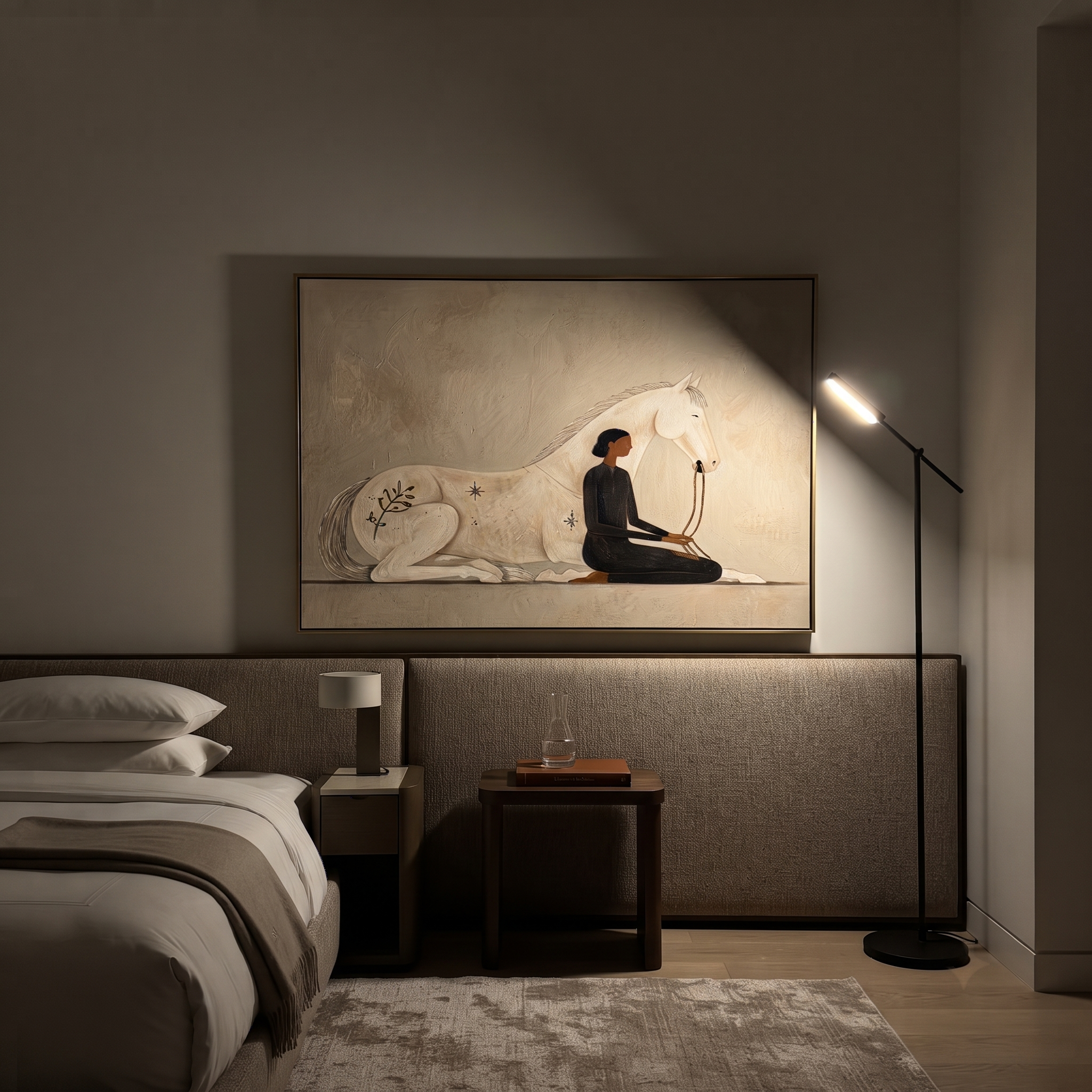 Ivory Horse Guards Stillness - woman and white horse painting by Hannah Brooks, minimalist figurative horizontal wall art – styled room scene view 3