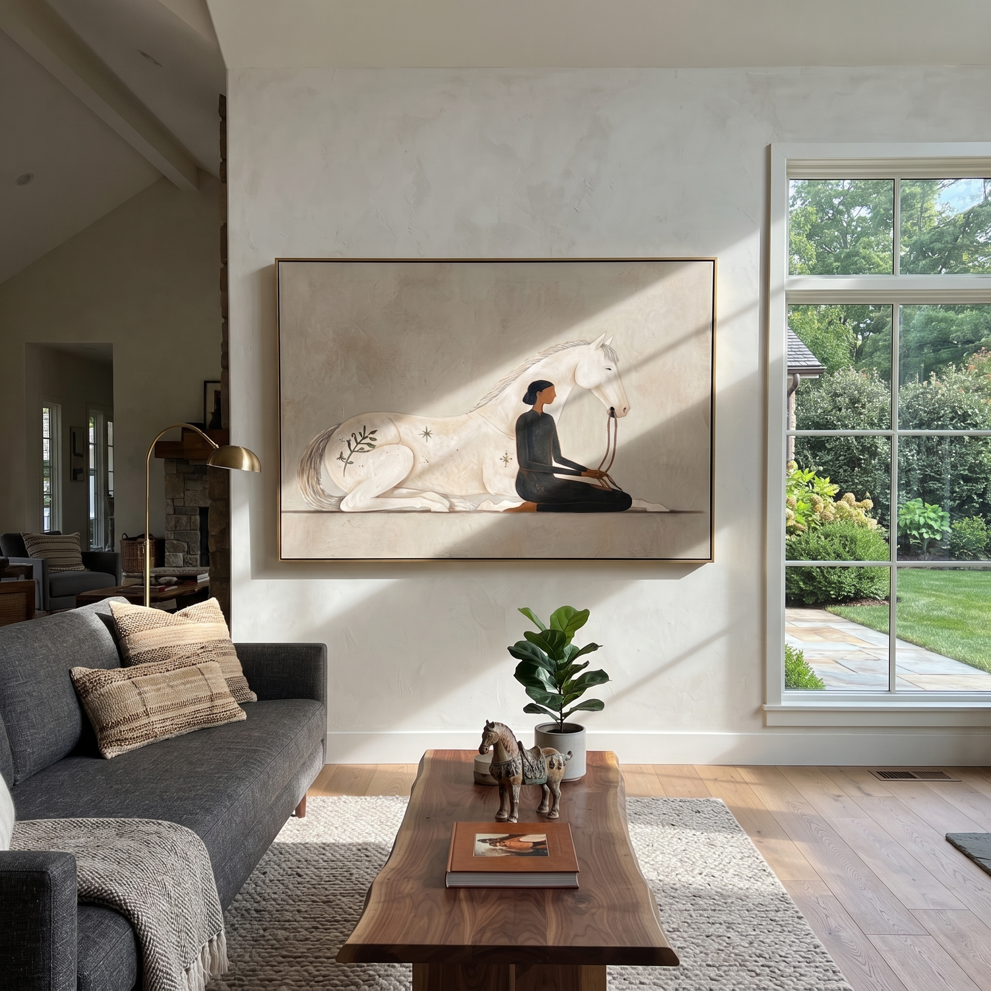 Ivory Horse Guards Stillness - woman and white horse painting by Hannah Brooks, minimalist figurative horizontal wall art – styled room scene view 4