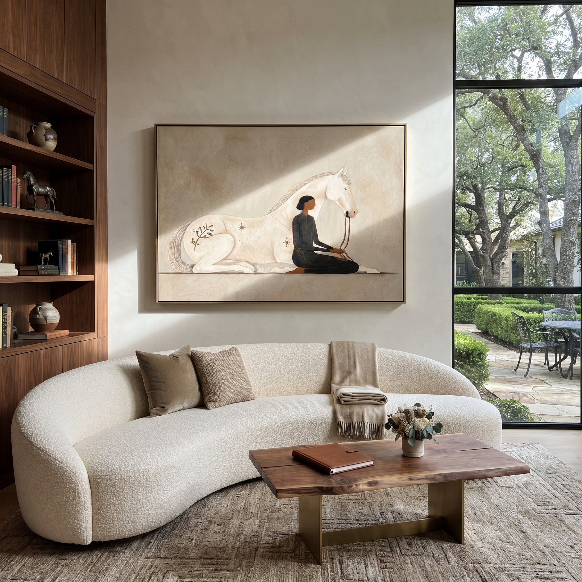 Ivory Horse Guards Stillness - woman and white horse painting by Hannah Brooks, minimalist figurative horizontal wall art – styled room scene view 5