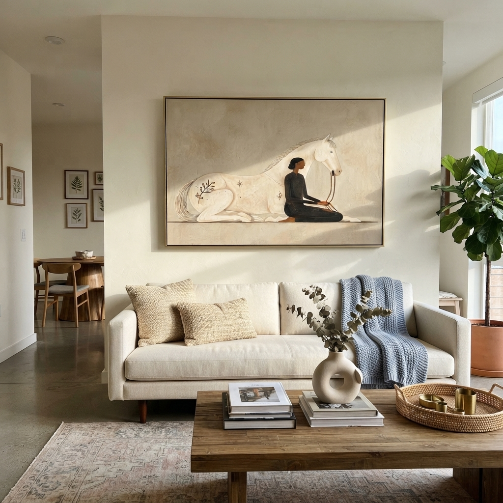 Ivory Horse Guards Stillness - woman and white horse painting by Hannah Brooks, minimalist figurative horizontal wall art – styled room scene view 6