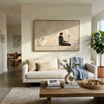 Ivory Horse Guards Stillness - woman and white horse painting by Hannah Brooks, minimalist figurative horizontal wall art – styled room scene view 6