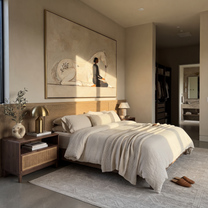 Ivory Horse Guards Stillness - woman and white horse painting by Hannah Brooks, minimalist figurative horizontal wall art – styled room scene view 7