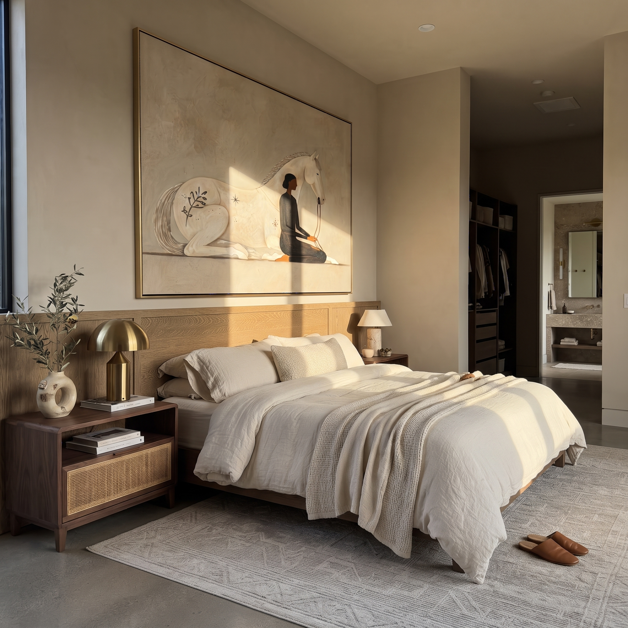 Ivory Horse Guards Stillness - woman and white horse painting by Hannah Brooks, minimalist figurative horizontal wall art – styled room scene view 7