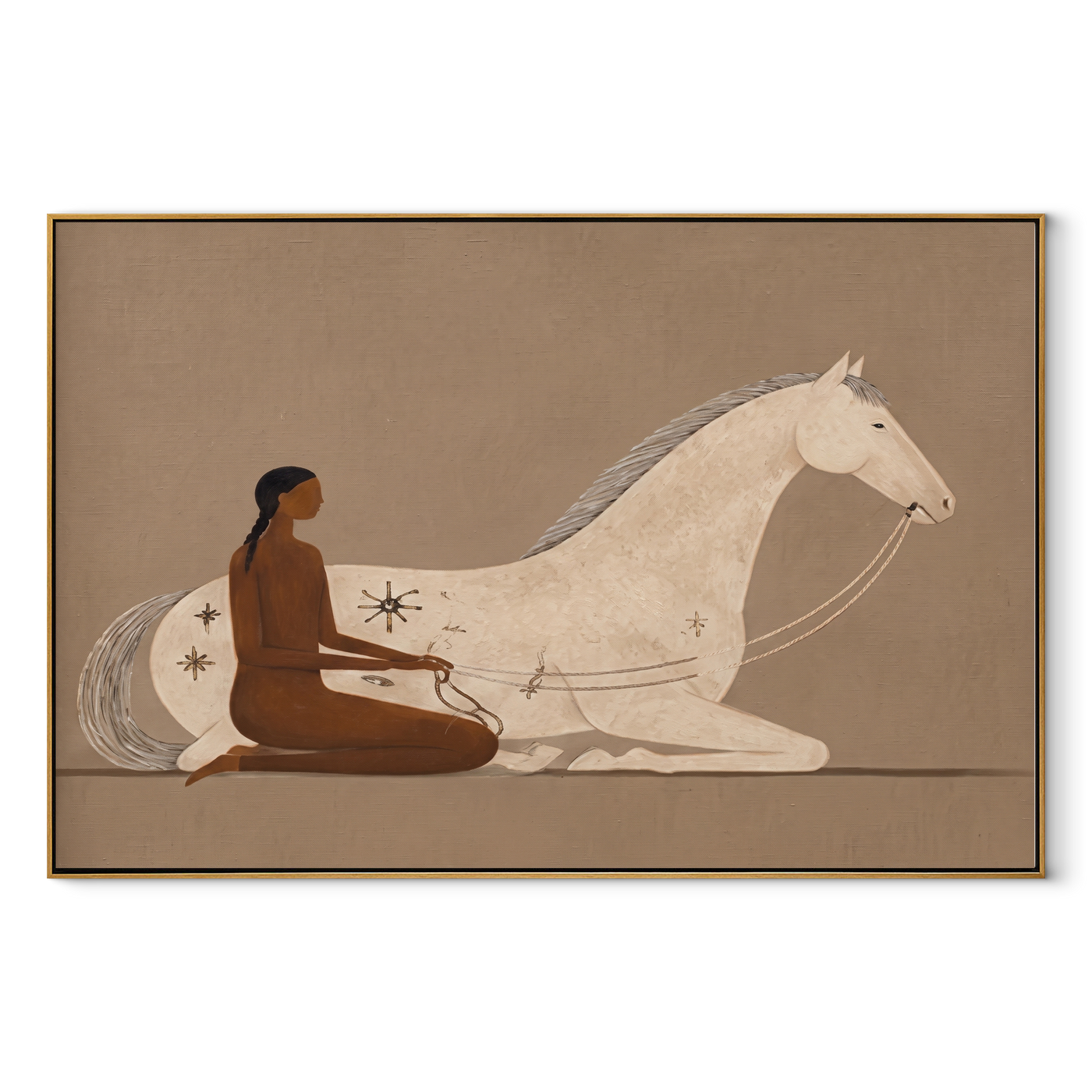 Reins Curve Through Taupe - woman and white horse painting by Hannah Brooks, minimalist figurative horizontal wall art – wood frame on white background