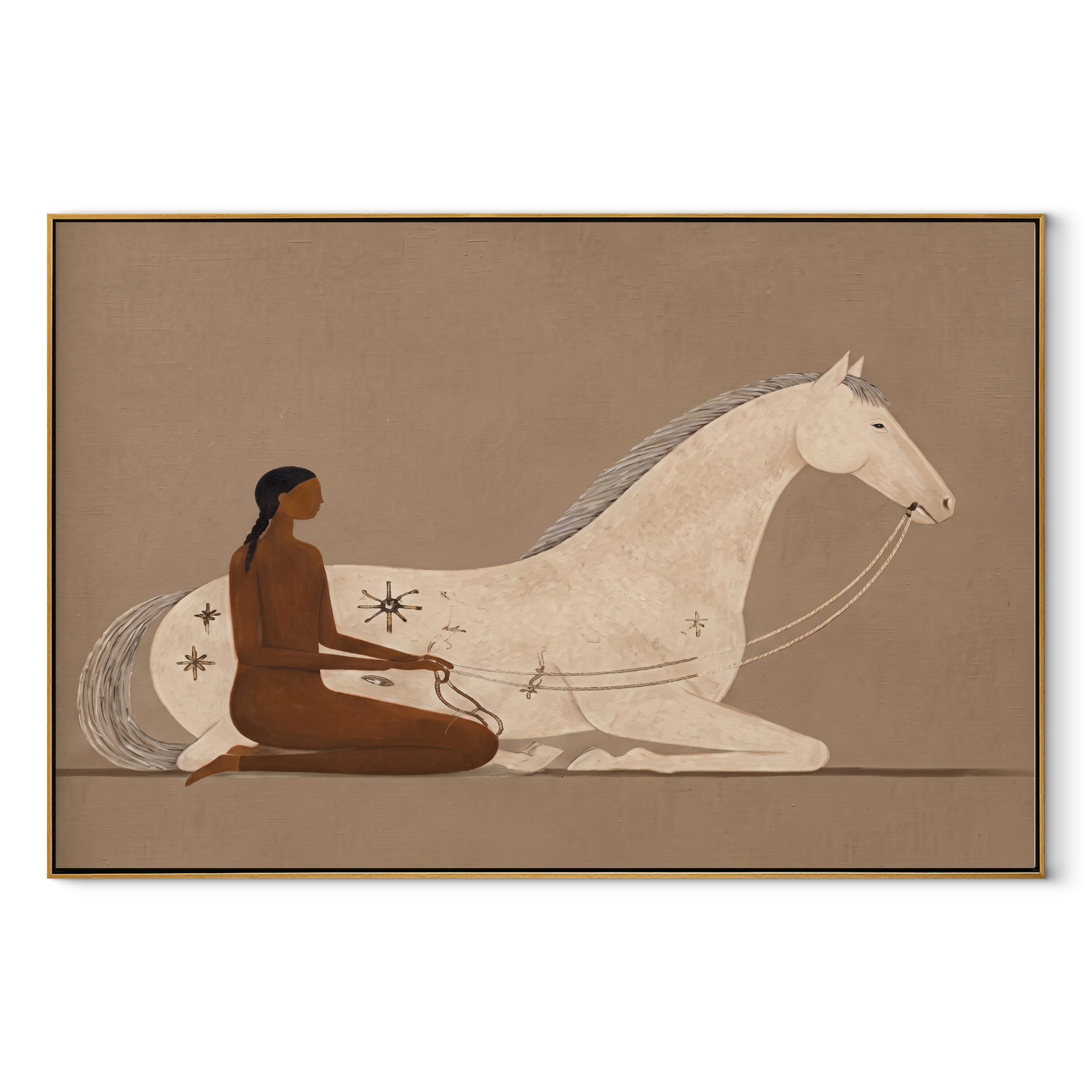 Reins Curve Through Taupe - woman and white horse painting by Hannah Brooks, minimalist figurative horizontal wall art – wood frame on white background