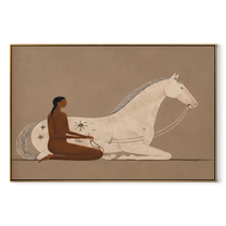 Reins Curve Through Taupe - woman and white horse painting by Hannah Brooks, minimalist figurative horizontal wall art – wood frame on white background