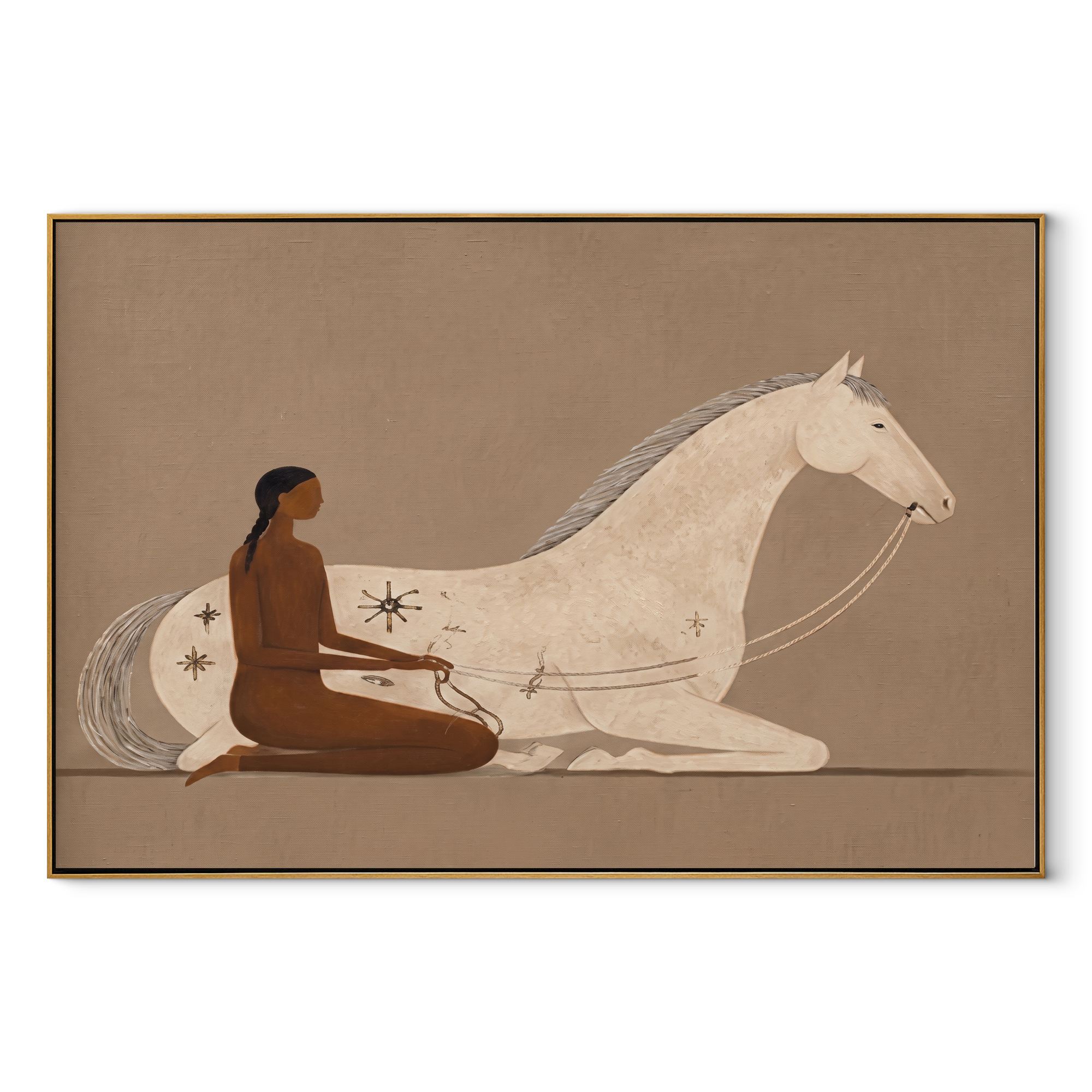 Reins Curve Through Taupe - woman and white horse painting by Hannah Brooks, minimalist figurative horizontal wall art – wood frame on white background