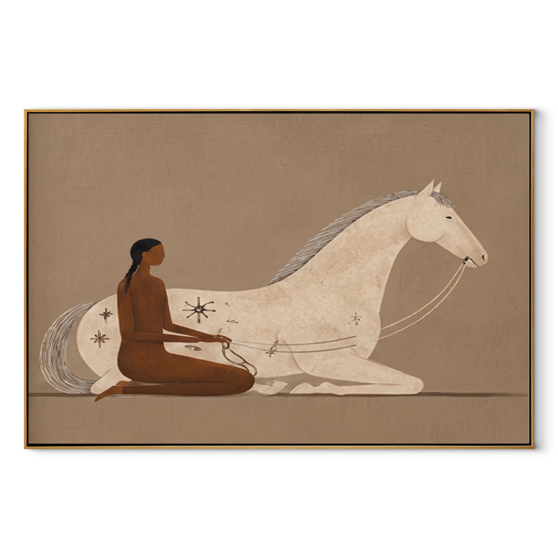 Reins Curve Through Taupe - Woman and White Horse Painting | Minimalist Figurative Horizontal Wall Art