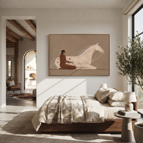 Reins Curve Through Taupe - woman and white horse painting by Hannah Brooks, minimalist figurative horizontal wall art – styled room scene view 4