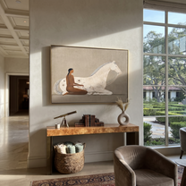 Reins Curve Through Taupe - woman and white horse painting by Hannah Brooks, minimalist figurative horizontal wall art – styled room scene view 5