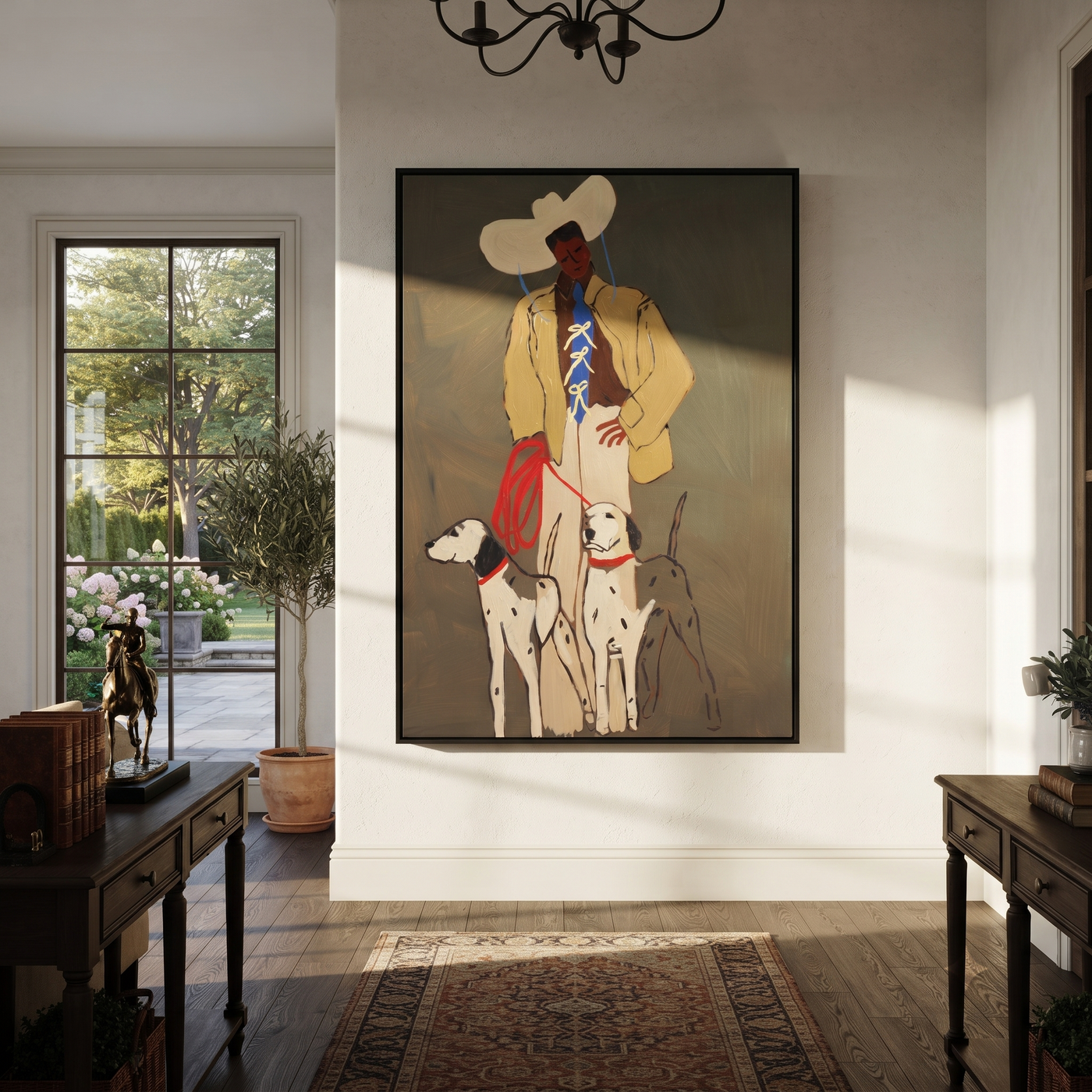 Four Hounds Follow Crimson - cowboy and four hounds painting by Hannah Brooks, minimalist figurative vertical wall art – styled room scene view 1